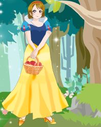 Rule 34 | 1girl, absurdres, apple, artist name, artist request, basket, blue dress, blush, bow, branch, breasts, brown hair, bug, butterfly, collarbone, cosplay, disney, dress, female focus, food, footwear bow, forest, fruit, full body, hair between eyes, hairband, high collar, high heels, highres, holding, holding basket, insect, koizumi hanayo, looking at viewer, love live!, love live! school idol project, miniskirt, nature, parted lips, plaid, plaid dress, plaid skirt, pleated, pleated dress, pleated skirt, puffy short sleeves, puffy sleeves, purple eyes, red hairband, short hair, short sleeves, skirt, smile, snow white (disney) (cosplay), snow white and the seven dwarfs, solo, sparkle, tree, white butterfly, yellow bow, yellow footwear, yellow skirt