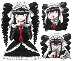 Rule 34 | 1girl, black hair, bonnet, card, celestia ludenberg, claw ring, commentary request, danganronpa: trigger happy havoc, danganronpa (series), dress, drill hair, evil smile, frills, furukawa (yomawari), gothic lolita, grin, hairband, highres, jewelry, lolita fashion, long hair, long sleeves, looking at viewer, multiple views, necktie, open mouth, pale skin, playing card, red eyes, red neckwear, shaded face, simple background, smile, teeth, twin drills, twintails, white background