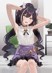 Rule 34 | 1girl, absurdres, animal ear fluff, animal ears, armpits, arms behind head, arms up, bare arms, black choker, black hair, blush, cat ears, cat girl, choker, collared shirt, commentary request, drill hair, ears visible through hair, extra ears, feet out of frame, green eyes, highres, indoors, karyl (princess connect!), knees together feet apart, long hair, looking at viewer, miniskirt, multicolored hair, open mouth, plant, potted plant, princess connect!, purple skirt, shirt, sitting, skirt, sleeveless, sleeveless shirt, solo, streaked hair, subachi, sweat, twin drills, twintails, v-shaped eyebrows, very long hair, white hair, white shirt