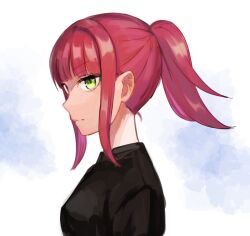 Rule 34 | 1girl, alternate hairstyle, black shirt, blunt bangs, breasts, closed mouth, from side, green eyes, katori youko, ponytail, profile, red hair, shirt, sidelocks, solo, sonoda (mzm), white background, world trigger