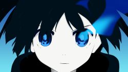 Rule 34 | 10s, 1girl, black hair, black rock shooter, black rock shooter (character), blue eyes, blue theme, close-up, glowing, glowing eyes, highres, looking at viewer, monochrome, production art, solo, vector trace