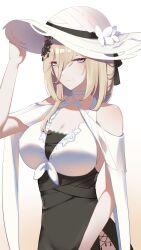 Rule 34 | 1girl, alternate costume, aponia (honkai impact), black bow, black dress, blonde hair, blue eyes, bow, breasts, chinese commentary, choker, cleavage, closed mouth, clothing cutout, commentary request, cowboy shot, criss-cross straps, dress, feng yi xiao, front-tie top, gradient background, hair between eyes, hair bow, half-closed eyes, halterneck, hand on headwear, hat, highres, honkai (series), honkai impact 3rd, large breasts, large hat, looking at viewer, medium hair, shoulder cutout, side slit, simple background, smile, solo, white background, white choker, white hat, yellow background