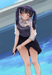 1girl alternate_hairstyle black_hair blue_one-piece_swimsuit blush boku_no_kokoro_no_yabai_yatsu brown_eyes closed_eyes clothes_lift collared_shirt commentary_request dutch_angle gluteal_fold grin highres one-piece_swimsuit paso poolside school_swimsuit shirt signature skirt skirt_lift smile solo standing swimsuit swimsuit_under_clothes twintails variant_set wet wet_clothes wet_hair wet_shirt wet_skirt white_shirt wringing_clothes wringing_skirt yamada_anna