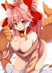 Rule 34 | 1girl, animal ear fluff, animal ears, animal hands, bad id, bad twitter id, bare shoulders, bell, breasts, cleavage, collar, downblouse, fate/grand order, fate (series), fox ears, fox tail, gloves, hair between eyes, hair ribbon, hand up, hanging breasts, high ponytail, highres, honoka chiffon, jingle bell, kneeling, large breasts, long hair, long sleeves, looking at viewer, no bra, no pants, off-shoulder sweater, off shoulder, open mouth, paw gloves, pink hair, red collar, red ribbon, ribbon, simple background, solo, sweater, tail, tamamo (fate), tamamo cat (fate), thighhighs, thighs, white background, white thighhighs, yellow eyes
