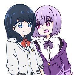 Rule 34 | 2girls, :d, black hair, blue eyes, blush, bow, cardigan, closed mouth, collared shirt, commentary request, dress shirt, eye contact, grey cardigan, gridman universe, hair between eyes, jacket, long hair, looking at another, multiple girls, nozo (hitomiz), off shoulder, open clothes, open jacket, open mouth, purple bow, purple hair, purple jacket, red bow, red eyes, shinjou akane, shirt, simple background, smile, ssss.gridman, takarada rikka, teeth, upper body, upper teeth only, white background, white shirt