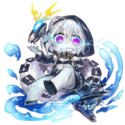 Rule 34 | 10s, 1girl, abyssal ship, colored skin, electricity, grey skin, grin, hood, hooded jacket, jacket, kantai collection, nail polish, purple eyes, purple nails, re-class battleship, renta (deja-vu), scarf, silver hair, sitting on tail, smile, solo, tail, twitter username, white background