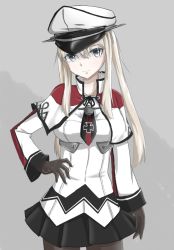 Rule 34 | 10s, 1girl, black pantyhose, black skirt, blonde hair, breasts, brown gloves, capelet, celtic knot, cowboy shot, cross, gloves, graf zeppelin (kancolle), grey eyes, hair between eyes, hand on own hip, hat, highres, howaso, iron cross, jacket, kantai collection, large breasts, long hair, looking at viewer, military, military hat, military uniform, miniskirt, necktie, pantyhose, peaked cap, pleated skirt, remodel (kantai collection), skirt, smile, solo, twintails, uniform
