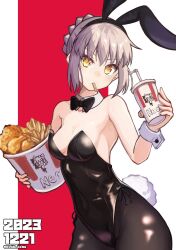 Rule 34 | 1girl, alternate costume, animal ears, artoria pendragon (all), artoria pendragon (fate), black bow, black bowtie, black leotard, black pantyhose, bow, bowtie, braid, breasts, bucket of chicken, character print, chicken (food), cleavage, commentary request, cup, dated, detached collar, disposable cup, drinking straw, fake animal ears, fake tail, fate/grand order, fate/stay night, fate (series), food, french braid, french fries, fried chicken, grey hair, hair between eyes, highleg, highleg leotard, highres, holding, holding cup, holding food, kore (kore), leotard, looking at viewer, mouth hold, neco-arc, pale skin, pantyhose, playboy bunny, rabbit ears, rabbit tail, saber alter, short hair, small breasts, solo, strapless, strapless leotard, tail, thighs, tsukihime, twitter username, wrist cuffs, yellow eyes