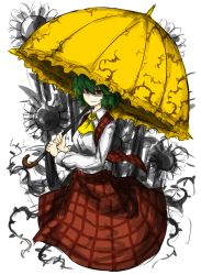 Rule 34 | 1girl, ascot, bad id, bad pixiv id, checkered clothes, checkered skirt, checkered vest, flower, green hair, highres, ivy, kankan33333, kazami yuuka, parasol, red eyes, skirt, solo, sunflower, touhou, umbrella, vest
