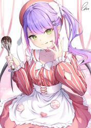 Rule 34 | 1girl, absurdres, alternate costume, alternate hairstyle, apron, beret, blush, bow, bowtie, choker, closed mouth, commentary request, corset, cowboy shot, demon girl, demon tail, ear piercing, earrings, food, food on face, frilled shirt, frills, gradient hair, green eyes, hair bow, hair ornament, hairclip, hands up, hat, highres, holding, holding whisk, hololive, jewelry, long sleeves, looking at viewer, multicolored hair, nail polish, piccolo (gvgk8874), piercing, pink choker, pink hair, pink nails, puffy long sleeves, puffy sleeves, purple hair, red hat, red shirt, red skirt, shirt, side ponytail, sidelocks, skirt, smile, solo, striped clothes, striped shirt, tail, tokoyami towa, tongue, vertical-striped clothes, vertical-striped shirt, virtual youtuber, waist apron, whisk, white apron, white bow, white bowtie, white corset, x hair ornament