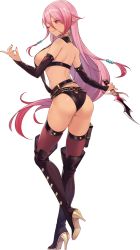 Rule 34 | 1girl, ass, bare shoulders, blush, boots, breasts, closed mouth, detached collar, earrings, feet, female focus, floating hair, from behind, full body, game cg, hair between eyes, hand up, high heel boots, high heels, highres, holding, holding knife, index finger raised, jerez&#039;s arena, jewelry, knife, large breasts, legs, light blush, long hair, looking at viewer, matching hair/eyes, nail polish, one eye closed, original, pink eyes, pink hair, pointy ears, revealing clothes, sideboob, smile, solo, standing, thigh boots, thighhighs, thighs, transparent background, wink