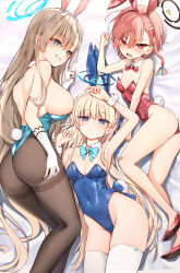Rule 34 | 3girls, animal ears, aqua bow, aqua bowtie, arm up, armpits, ass, asuna (blue archive), asuna (bunny) (blue archive), bandaid, bandaid on knee, bandaid on leg, bare shoulders, blonde hair, blue eyes, blue hairband, blue leotard, blush, bow, bowtie, braid, breasts, cleavage, closed mouth, comiket 102, commentary request, covered navel, detached collar, elbow gloves, fake animal ears, fake tail, gloves, hair ornament, hairband, halo, highres, large breasts, leotard, long hair, looking at viewer, lying, medium hair, multiple girls, neru (blue archive), neru (bunny) (blue archive), on back, open mouth, pantyhose, parted lips, playboy bunny, rabbit ears, rabbit tail, red bow, red bowtie, red eyes, red footwear, red hair, red hairband, small breasts, smile, sune (mugendai), tail, teeth, thighband pantyhose, thighs, toki (blue archive), toki (bunny) (blue archive), v, white gloves, white hairband, white wrist cuffs, wrist cuffs