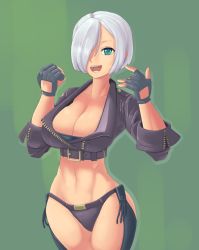 Rule 34 | 1girl, angel (kof), belt, blue eyes, breasts, chaps, cleavage, clenched hand, cropped jacket, fangs, fingerless gloves, gloves, green background, hair over one eye, highres, large breasts, midriff, navel, open mouth, panties, pincerpencil, short hair, silver hair, sleeves rolled up, solo, the king of fighters, toned, underwear, zipper