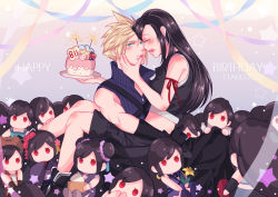 Rule 34 | 1boy, 1girl, apron, arm ribbon, babigonice, bare shoulders, black hair, black shorts, blonde hair, blue eyes, blush, cake, cloud strife, couple, cowboy hat, crop top, dated, doll, earrings, final fantasy, final fantasy vii, final fantasy vii advent children, final fantasy vii remake, flower, food, food on face, gloves, happy birthday, hat, high collar, holding, holding plate, hug, jewelry, long hair, open mouth, plate, red eyes, ribbon, shorts, sitting, sitting on lap, sitting on person, sleeveless, spiked hair, star (symbol), starry background, tifa lockhart, tifa lockhart (exotic dress), tifa lockhart (refined dress), tifa lockhart (sporty dress), waist apron