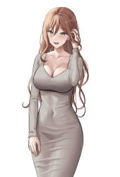 Rule 34 | 1girl, absurdres, bang dream!, blush, breasts, brown hair, cleavage, collarbone, commentary, covered navel, dongtan dress, dress, earrings, green eyes, grey dress, hair between eyes, hand up, highres, imai lisa, jewelry, large breasts, long hair, long sleeves, looking at viewer, meme attire, ptal, simple background, solo, white background