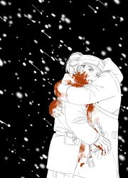 Rule 34 | 2boys, black background, blood, blood on clothes, blood on face, blood on hands, chengongzi123, coat, cowboy shot, facial hair, gloves, goatee stubble, golden kamuy, green eyes, hand up, hands up, hat, highres, hood, hood down, hug, koito otonoshin, long sleeves, male focus, military hat, military uniform, multiple boys, open mouth, outdoors, short hair, snowing, spot color, standing, stubble, tsukishima hajime, uniform, winter