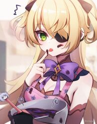 Rule 34 | 1girl, apron, bad food, bare shoulders, bat ornament, bird, black ribbon, blonde hair, blush, bodystocking, bodystocking, bow, bowl, bowtie, box, box of chocolates, breasts, chocolate, chocolate on face, collar, commentary, cooking, crow, dress, eneru (enepuni), eyepatch, fischl (genshin impact), food, food on face, genshin impact, gloves, green eyes, hair over one eye, hair ribbon, highres, leotard, long hair, medium breasts, mixing bowl, open mouth, oz (genshin impact), paimon (genshin impact), pink apron, print apron, purple bow, purple bowtie, ribbon, single sleeve, solo, spatula, tailcoat, tasting, two side up, valentine