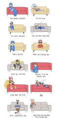 Rule 34 | 2girls, 6+boys, absurdres, aile (mega man zx), android, ashe (mega man), axl (mega man), bass (mega man), blue eyes, commentary, couch, crossed legs, english commentary, english text, frown, geo stelar (mega man), green eyes, grey (mega man), grin, highres, indian style, jitome, layered sleeves, long sleeves, lying, mega man (character), mega man (classic), mega man (series), mega man battle network, mega man battle network (series), mega man legends (series), mega man star force, mega man volnutt, mega man x (series), mega man zx, mega man zx advent, megaman.exe, multiple boys, multiple girls, norue, pantyhose, pantyhose under shorts, ponytail, profanity, proto man, red eyes, short over long sleeves, short sleeves, shorts, simple background, sitting, sleeping, smile, upside-down, white background, x (mega man), zero (mega man), zzz