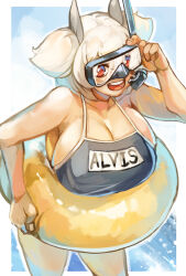 Rule 34 | 1girl, absurdres, alvis (last origin), breasts, character request, cleavage, female focus, goggles, highres, huge breasts, inflatable toy, larribee, last origin, legs, looking at viewer, one-piece swimsuit, open mouth, short hair, smile, solo, standing, swimsuit, twintails, white hair