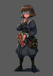 Rule 34 | 1girl, absurdres, bag, book, coke-bottle glasses, commentary, commission, commissioner upload, darkest dungeon, english commentary, erica (naze1940), full body, glasses, grey background, hair ornament, hairclip, highres, holding, holding book, medium hair, plague doctor (darkest dungeon), shoulder bag, smile, solo