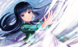 Rule 34 | 1girl, absurdres, black necktie, blue hair, blunt bangs, collared dress, dress, dutch angle, first high school uniform, floating hair, green eyes, green jacket, hair ribbon, highres, jacket, long hair, long sleeves, mahouka koukou no rettousei, necktie, nellforce, open clothes, open jacket, parted lips, ribbon, school uniform, shiba miyuki, solo, sparkle, standing, straight hair, very long hair, watermark, white dress, wing collar, yellow ribbon