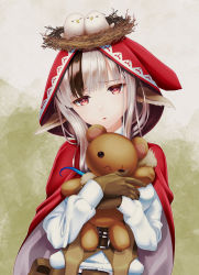 Rule 34 | 1girl, animal, animal ears, bird, bird nest, brown gloves, brown hair, brown vest, cape, commentary request, fire emblem, fire emblem fates, gloves, hands up, head tilt, highres, hood, hood up, hooded cape, kumehara chiyota, long hair, long sleeves, multicolored hair, nintendo, hugging object, parted lips, red cape, red eyes, shirt, silver hair, solo, streaked hair, stuffed animal, stuffed toy, teddy bear, upper body, velouria (fire emblem), vest, white shirt, wolf ears