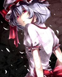 Rule 34 | 1girl, dress, female focus, from behind, hat, hat ribbon, looking at viewer, mob cap, puffy short sleeves, puffy sleeves, red eyes, remilia scarlet, ribbon, short sleeves, silver hair, sizu, solo, touhou, white dress