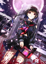 Rule 34 | 1girl, black hair, blood, blood on face, blunt bangs, blush, chainsaw, claws, commentary request, empty eyes, full moon, kentaurosu, long sleeves, looking at viewer, moon, neckerchief, night, night sky, open mouth, original, outdoors, pleated skirt, pov, pov hands, red eyes, school uniform, serafuku, short hair with long locks, skirt, sky, solo focus, standing, star (sky), starry sky, torn clothes, tree