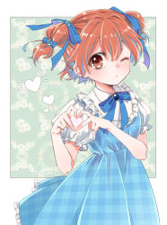 Rule 34 | 1girl, arc the lad, blush, choko (arc the lad), commentary, dress, flower, hair ribbon, heart, heart hands, izumi kouyou, looking at viewer, one eye closed, open mouth, protected link, red eyes, red hair, ribbon, short hair, short twintails, solo, twintails