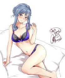 Rule 34 | 1girl, arm support, bare shoulders, blue eyes, blush, bra, breasts, collarbone, gotland (kancolle), grey hair, hair between eyes, hair bun, head tilt, kantai collection, lingerie, long hair, looking at viewer, medium breasts, mole, mole under eye, navel, panties, playing with own hair, purple bra, purple panties, rizzl, sidelocks, signature, single hair bun, smile, solo, stomach, thighs, underwear, underwear only