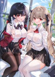 Rule 34 | 2girls, absurdres, ahoge, alternate costume, azur lane, black hair, black skirt, bow, bowtie, breasts, brown hair, brown pantyhose, button gap, buttons, chromatic aberration, closed mouth, collared shirt, dress shirt, feet out of frame, formidable (azur lane), glasses, hair bow, hand on own chest, highres, holding, jacket, large breasts, long hair, long sleeves, looking at viewer, looking over eyewear, miniskirt, multiple girls, neck ribbon, off shoulder, official alternate costume, open clothes, open jacket, open mouth, pantyhose, pleated skirt, red eyes, red jacket, ribbon, rimless eyewear, ruler, school uniform, see-through, shanguier, shirt, shirt tucked in, sitting, skirt, smile, taihou (azur lane), taihou (sweet time after school) (azur lane), thighband pantyhose, thighhighs, thighs, tongue, tongue out, twintails, very long hair, white shirt, white thighhighs, zettai ryouiki
