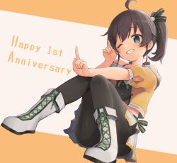Rule 34 | 1girl, ahoge, anniversary, black pantyhose, blue eyes, blush, boots, brown background, brown hair, cat hair ornament, commentary request, cross-laced footwear, dutch angle, grey background, grin, hair between eyes, hair ornament, highres, hololive, lace-up boots, natsuiro matsuri, natsuiro matsuri (1st costume), off-shoulder shirt, off shoulder, one eye closed, orange shirt, outstretched arm, pantyhose, pleated skirt, puffy short sleeves, puffy sleeves, seramikku, shirt, short sleeves, side ponytail, sitting, skirt, smile, solo, two-tone background, virtual youtuber, white footwear, white skirt