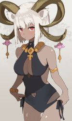 Rule 34 | 1girl, absurdres, animal ears, arknights, bare shoulders, binware, black one-piece swimsuit, blush, bracelet, breasts, carnelian (arknights), carnelian (shimmering dew) (arknights), casual one-piece swimsuit, cleavage, cleavage cutout, clothing cutout, cowboy shot, dark-skinned female, dark skin, gluteal fold, goat ears, goat girl, goat horns, grey background, highres, horn ornament, horns, jewelry, large breasts, looking at viewer, navel cutout, official alternate costume, one-piece swimsuit, red eyes, see-through swimsuit, short hair, simple background, solo, swimsuit, thigh gap, white hair