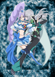 Rule 34 | 00s, 1boy, 1girl, aono miki, bare shoulders, belt, bishounen, blue eyes, blue footwear, blue skirt, blue thighhighs, boots, cape, choker, couple, cure berry, drill hair, earrings, eyelashes, fresh precure!, frilled skirt, frills, green eyes, grey hair, hair ornament, hairband, heart, heart hair ornament, hetero, highres, jewelry, knee boots, long hair, looking at another, magical girl, midriff, nashe taneru, navel, pants, ponytail, precure, purple hair, ribbon, shirt, side ponytail, skirt, souler (fresh precure!), thighhighs, thighs, uniform, wrist cuffs, zettai ryouiki