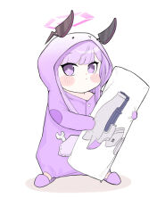 Rule 34 | 1girl, alternate costume, animal costume, blue archive, blunt bangs, blush stickers, chibi, commentary request, dakimakura (object), full body, halo, headgear, highres, long hair, long sleeves, looking at viewer, hugging object, pillow, pillow hug, pocket, puffy cheeks, purple eyes, purple hair, rabbit costume, sidelocks, simple background, slippers, solo, standing, utaha (blue archive), white background, wrench, yosik