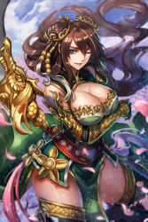 Rule 34 | 1girl, ;d, armlet, black gloves, blue eyes, blurry, breasts, brown hair, cherry blossoms, cleavage, cloud, cowboy shot, depth of field, double bun, dragon, dragon (ornament), dress, floating hair, gloves, green dress, hair between eyes, hair bun, hair ornament, holding, holding weapon, japanese clothes, kimono, large breasts, light particles, looking at viewer, marble, official art, one eye closed, open mouth, original, pelvic curtain, petals, polearm, ryuuzaki ichi, sash, sky, sleeveless, smile, solo, swept bangs, tassel, thighhighs, vambraces, weapon