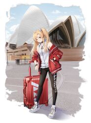 Rule 34 | 1girl, artist request, azur lane, bare shoulders, black pants, blonde hair, choker, cleveland (azur lane), cleveland (southbound journey) (azur lane), copyright name, expressions, full body, highres, jacket, leggings, logo, looking at viewer, luggage, official alternate costume, official art, pants, real world location, red eyes, red jacket, rolling suitcase, shirt, shoes, side ponytail, sleeveless, sleeveless shirt, smartwatch, smile, sneakers, suitcase, sydney opera house, tight clothes, tight pants, vest, watch, white footwear, white vest, wristwatch