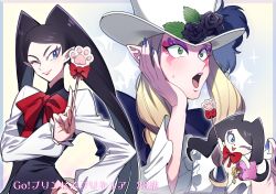 Rule 34 | 1boy, 1girl, :o, bishounen, black flower, black hair, black rose, blonde hair, blue eyes, blue nails, bow, copyright name, creature, dual persona, eyeshadow, flower, go! princess precure, green eyes, hand on own face, hat, long hair, makeup, miss siamour, miss siamour (human), nail polish, one eye closed, pointy ears, precure, red bow, rose, shut (go! princess precure), smile, sweat, top hat, twintails, wand, wide-eyed, yunion (sibujya)
