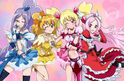 Rule 34 | 00s, 4girls, aono miki, black legwear, blonde hair, blue skirt, blush, boots, bow, brown eyes, brown hair, choker, corset, cure berry, cure passion, cure peach, cure pine, dress, earrings, fresh precure!, frills, hair bow, hair ornament, hairband, head wings, heart, heart background, heart hair ornament, higashi setsuna, jewelry, long hair, magical girl, momozono love, multiple girls, one eye closed, pantyhose, pink background, pink bow, pink eyes, pink hair, precure, purple eyes, purple hair, red eyes, shiny skin, short hair, side ponytail, sinko (sinsin), skirt, smile, standing, standing on one leg, thighhighs, tiara, twintails, wings, wink, wrist cuffs, yamabuki inori