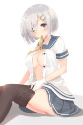 Rule 34 | 10s, ass, black pantyhose, blue eyes, blue skirt, blush, breasts, buttons, clothes pull, expressionless, hair ornament, hair over one eye, hairclip, hamakaze (kancolle), highres, kagerou (shadowmage), kantai collection, large breasts, looking at viewer, mouth hold, open clothes, open shirt, pantyhose, pantyhose pull, pleated skirt, sailor collar, school uniform, serafuku, shiny skin, shirt, short hair, short sleeves, simple background, sitting, skirt, sleeve cuffs, solo, thighs, unbuttoned, underboob, undressing, white background, white shirt
