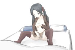 Rule 34 | 1girl, azukilib, black hair, blue eyes, blush, brown jacket, brown skirt, brown thighhighs, closed mouth, collarbone, female focus, female masturbation, fingering, flat chest, frilled skirt, frills, grabbing own breast, hair ribbon, hand up, highres, jacket, kantai collection, light blush, long hair, long sleeves, masturbation, mikuma (kancolle), miniskirt, navel, nipple stimulation, nipple tweak, on bed, one eye closed, open clothes, open jacket, partially visible vulva, pillow, pleated skirt, pussy, red ribbon, ribbon, sitting, skirt, solo, spread legs, thighhighs, twintails, uncensored, white background