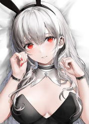 Rule 34 | 1girl, animal ears, bare shoulders, bed sheet, black leotard, blush, breasts, clenched hands, cross, cross necklace, fake animal ears, hair between eyes, haori io, highres, jewelry, large breasts, leotard, long hair, looking at viewer, lying, nail polish, necklace, on back, on bed, original, parted lips, playboy bunny, rabbit ears, red eyes, red nails, ringlets, shadow, sidelocks, signature, solo, strapless, strapless leotard, upper body, very long hair, watermark, white hair, wrist cuffs