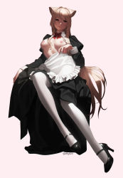 Rule 34 | 1girl, abbystea, absurdres, animal ear fluff, animal ears, blonde hair, bow, bowtie, breasts, brown eyes, cat ears, highres, long hair, looking at viewer, maid, mary janes, nipples, original, pantyhose, pink background, see-through, shoes, simple background, sitting, smile, solo, twitter username, very long hair, white pantyhose