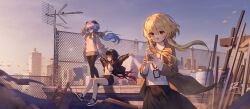Rule 34 | 3girls, :d, ^ ^, absurdres, alternate costume, arm up, arms up, black footwear, black headwear, black jacket, black pantyhose, black shorts, black skirt, blonde hair, blue hair, blue sky, brown hair, brown jacket, brown scarf, brown skirt, building, chain-link fence, city, closed eyes, closed mouth, commentary request, contemporary, crop top, cup, disposable cup, fence, ganyu (genshin impact), genshin impact, goat horns, gradient hair, gradient sky, highres, holding, holding cup, horns, hu tao (genshin impact), id card, jacket, ladder, long hair, long sleeves, lumine (genshin impact), midriff, multicolored hair, multiple girls, navel, on roof, open clothes, open jacket, open mouth, orange eyes, orange sky, outdoors, pantyhose, plaid, plaid scarf, purple eyes, red hair, scarf, scenery, shoes, short hair with long locks, shorts, sitting, skirt, sky, skyscraper, smile, sneakers, socks, standing, starbucks, starsd, sunset, sweater, turtleneck, turtleneck sweater, two-tone footwear, very long hair, white footwear, white socks, white sweater