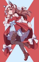 Rule 34 | 1girl, 365o, animal ears, blush, breasts, brown hair, commentary request, detached sleeves, full body, hair between eyes, hair ornament, highres, horse ears, horse girl, horse tail, leg up, looking at viewer, red eyes, ribbon, shoes, simple background, small breasts, solo, still in love (umamusume), tail, thighhighs, umamusume, veil