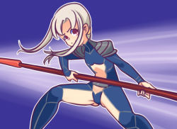 Rule 34 | 1girl, angry, blue background, blue bodysuit, bodysuit, breasts, brown eyes, clothing cutout, drantyno, fate/kaleid liner prisma illya, fate (series), fighting stance, grey hair, holding, illyasviel von einzbern, long hair, navel cutout, polearm, ponytail, shoulder pads, small breasts, spear, standing, weapon