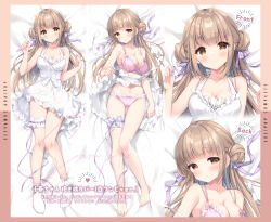 Rule 34 | 1girl, arm at side, bare arms, bare shoulders, barefoot, bed sheet, blunt bangs, blush, border, bow, bow bra, bow panties, bra, breasts, brown border, brown eyes, brown hair, character name, cleavage, close-up, closed mouth, clothes lift, commentary request, curvy, dakimakura (medium), double bun, dress, dress lift, feet, frilled bra, frilled dress, frilled panties, frills, full body, hair bun, hair ribbon, hair spread out, hands up, head tilt, heart, highres, irori, knees together feet apart, koharu (irori), large breasts, legs, lifted by self, long ribbon, looking at viewer, lying, multiple views, navel, no shoes, on back, original, panties, pink bra, pink panties, purple ribbon, ribbon, sample watermark, shy, sleeveless, sleeveless dress, smile, socks, straight hair, sundress, thigh gap, toenails, toes, underwear, watermark, white dress, white socks
