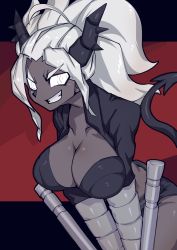 Rule 34 | 1girl, black horns, breasts, cleavage, dark-skinned female, dark skin, demon girl, demon horns, demon tail, female focus, gauntlets, grin, helltaker, high ponytail, highres, horns, judgement (helltaker), large breasts, long hair, looking at viewer, monster girl, open clothes, ponytail, smile, solo, tail, teeth, white eyes, white hair, zetsu (zyej5442)