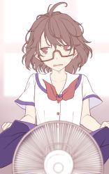 Rule 34 | 1girl, ahoge, bespectacled, blue skirt, blurry, blurry background, brown eyes, brown hair, buttons, clothes lift, collarbone, commentary request, day, electric fan, fanning crotch, glasses, hair between eyes, highres, hot, indoors, lifted by self, midorino eni, miniskirt, open mouth, pleated skirt, red-framed eyewear, school uniform, semi-rimless eyewear, serafuku, shirt, short sleeves, skirt, skirt lift, solo, standing, sweat, touhou, under-rim eyewear, usami sumireko, white shirt, wind, wind lift, window