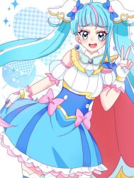 Rule 34 | 1girl, blue cape, blue dress, blue eyes, blue hair, bow, brooch, cape, commentary, cowboy shot, cure sky, cut bangs, detached sleeves, dress, dress bow, earrings, fingerless gloves, flying sweatdrops, frilled dress, frills, fringe trim, gloves, heart, highres, hirogaru sky! precure, jewelry, leaning to the side, long hair, looking at viewer, magical girl, momotarouooi, multicolored hair, open mouth, pink hair, precure, puffy detached sleeves, puffy sleeves, red cape, short dress, single earring, single sidelock, skirt hold, sleeveless, sleeveless dress, smile, solo, sora harewataru, sparkle, standing, streaked hair, thighhighs, twintails, two-sided cape, two-sided fabric, two-tone hair, v, very long hair, white gloves, white thighhighs, wing brooch, wing hair ornament